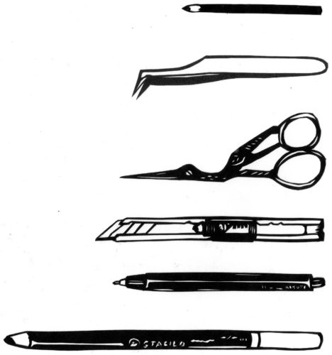 切り絵で表現された制作道具(ハサミ・カッター・ピンセット)