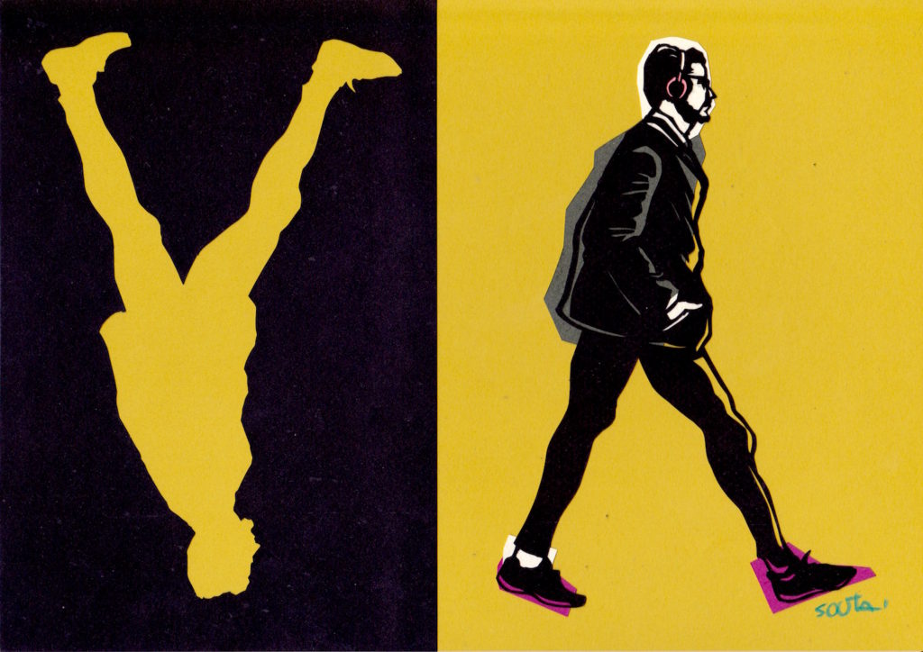 切り絵作品「walk」— 黒地に黄の抜きと、黄地に黒の残し